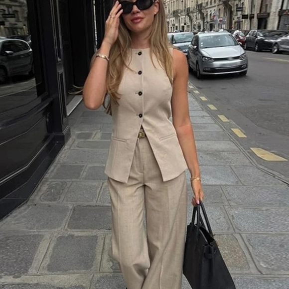 Tops - Elegant Vest Pants Sets Women 2 Pieces Sleeveless O-neck Single Breasted Top